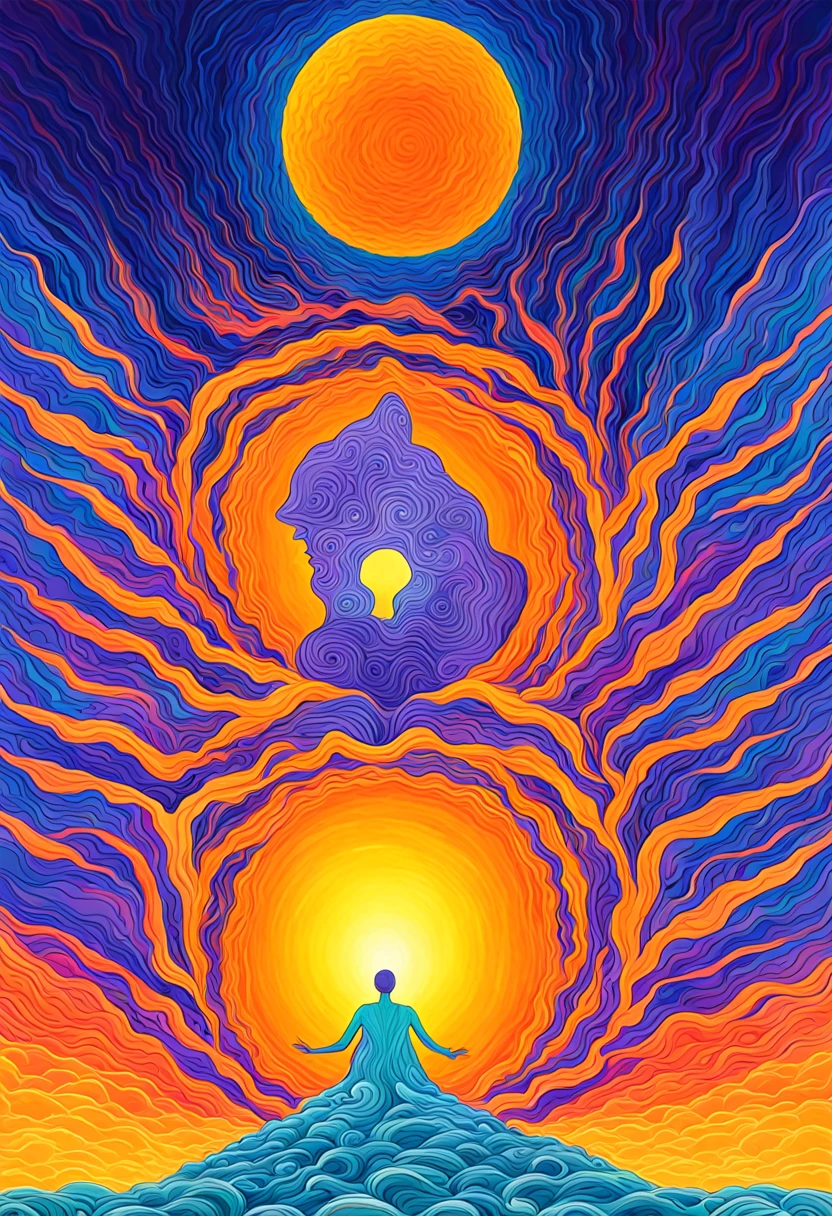 album cover with modern and minimalist frame, orange human figure emerging from the blue sea and ascending to the violet heavens, yellow inca sun in the upper background, mountains in the lower background, swirly vibrant colors, psychedelic art