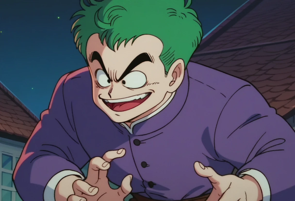 anime screencap,drgbls1, solo, The Joker, rooftop, night, white skin,red lips,evil smile, purple suit,green hair, upper body
