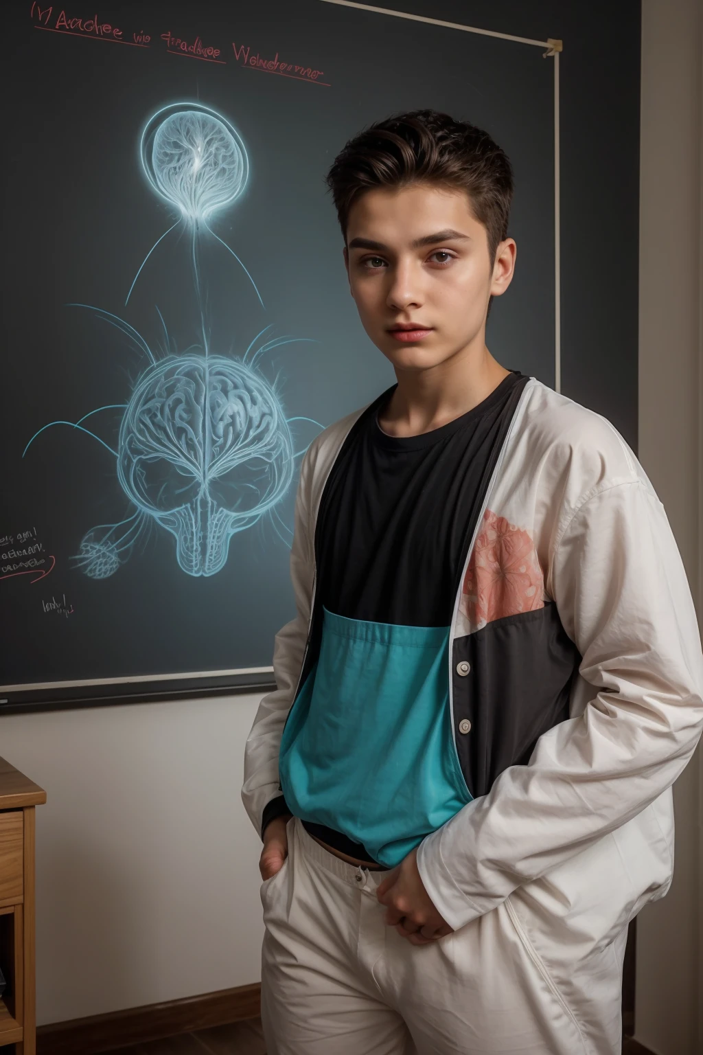 A beautiful young man, a cute male twink, with black hair, a face with reddish make-up, wearing a bright white long-sleeved shirt and aqua blue pants. He is in his office, and behind him is a blackboard on which is written the shape of the brain and its anatomy, and nuclear energy emerges from it.