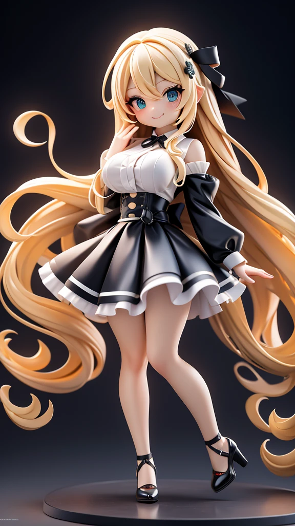 work, best quality, girl, long hair alternative, absurdly long hair, blonde hair, bow hair, aqua eyes, seductive smile, Tongue, black eyes, long eyelashes, big breasts, There is a mole on the chest, White shirt, black skirt, high heeled, shoe, period, hair ribbon, flower ribbon, hair_ribbon, hair_ribbon, hair_flower