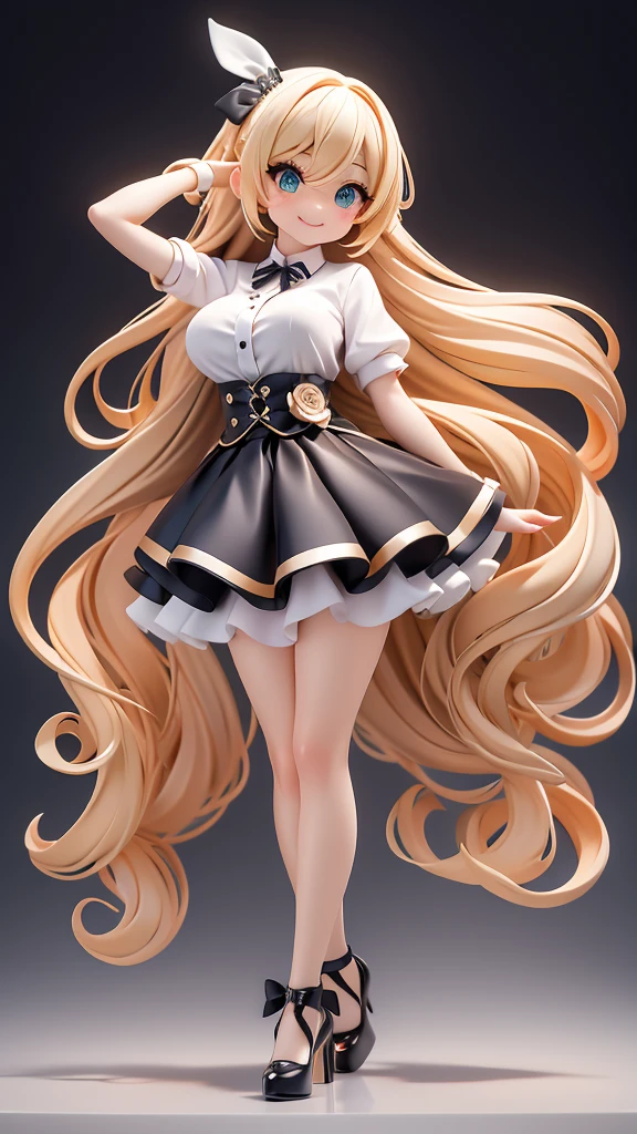 work, best quality, girl, long hair alternative, absurdly long hair, blonde hair, bow hair, aqua eyes, seductive smile, Tongue, black eyes, long eyelashes, big breasts, There is a mole on the chest, White shirt, black skirt, high heeled, shoe, period, hair ribbon, flower ribbon, hair_ribbon, hair_ribbon, hair_flower