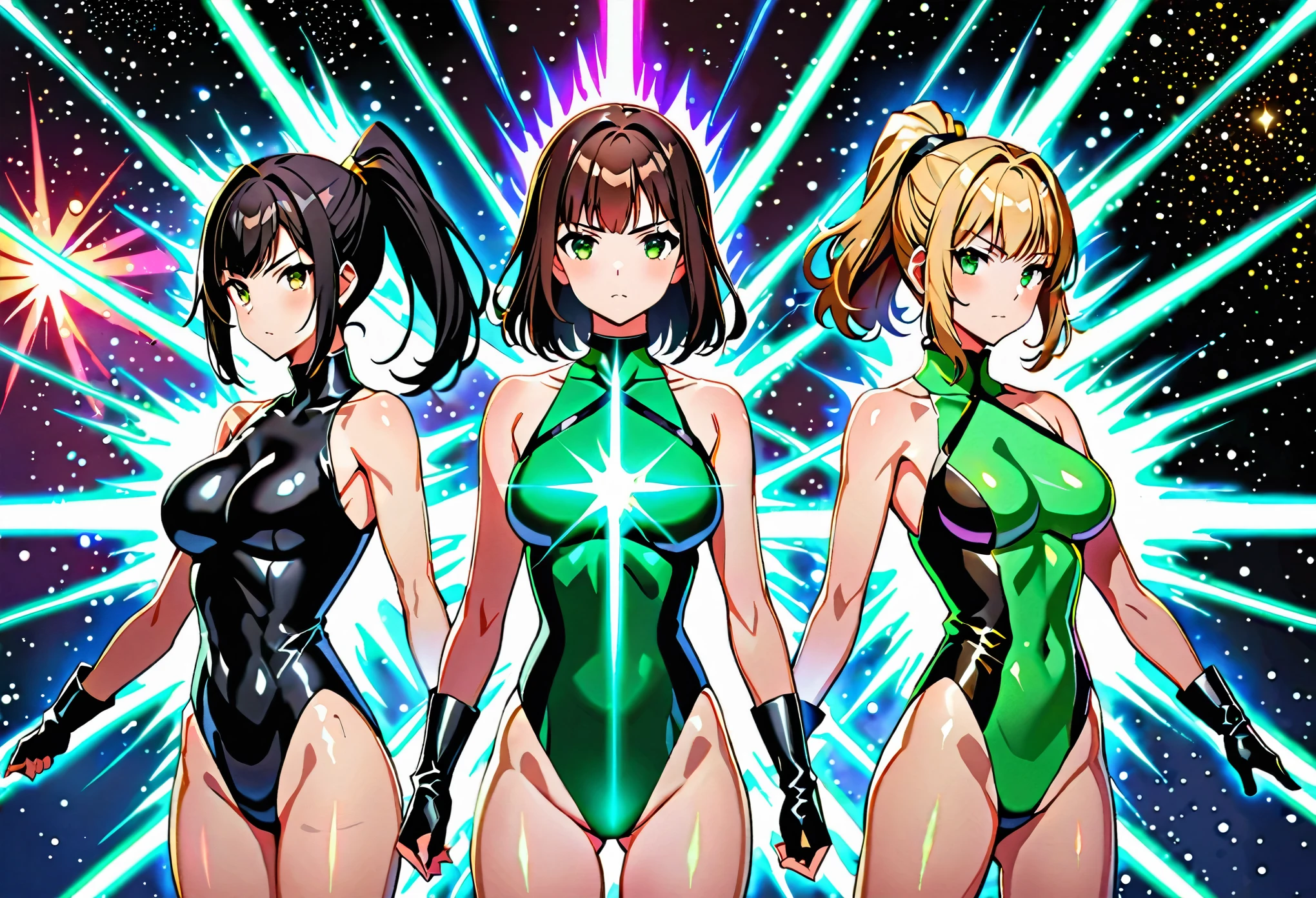 Create an image of ((three girls in gymnastics leotards with cyan circle symbolson their chests , bare legs, and matching gloves and boots)). The first girl on the left and rear is a (blonde, long hair, bangs), and green eyes, wearing a (black leotard). The second girl in the middle and front is a (redhead, bob hair and blue eyes, wearing a (green leotard). The third girl on the right and rear is a (black-haired brunette, medium hair, ponytail hair, bangs), and hazel eyes, wearing a (black leotard). All three girls are standing with legs apart and raised arms, each surrounded by a glowing aura. outer space backdrop, cowboy shot, serious. masterpiece, best quality, hires. diffraction spikes, light particles.