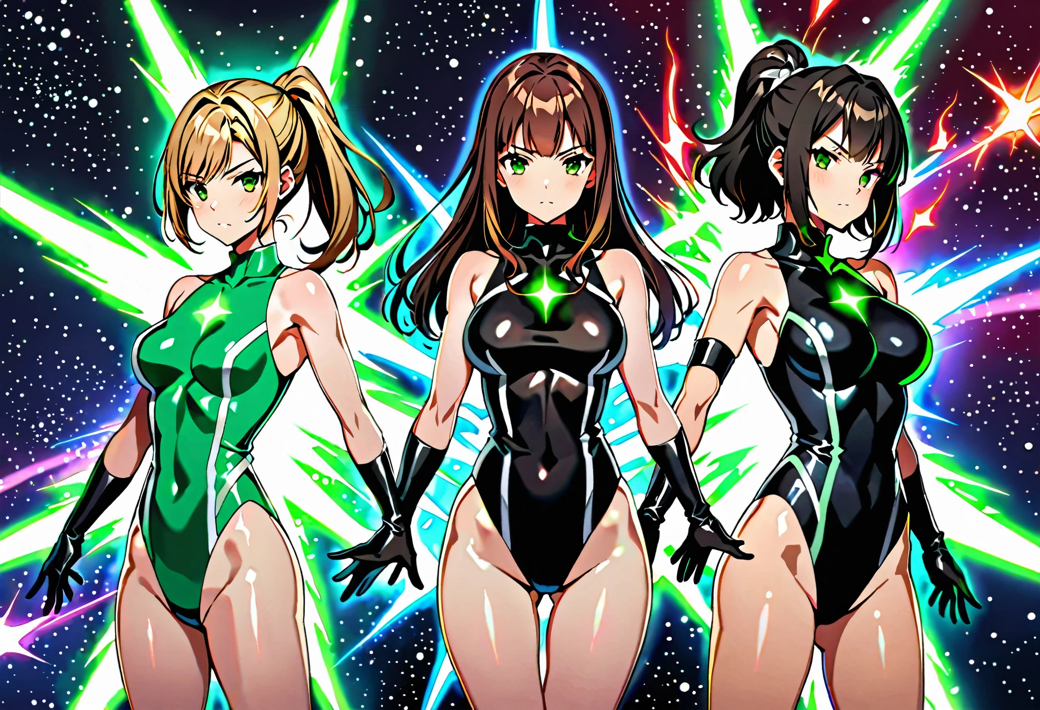 Create an image of ((three girls in gymnastics leotards with cyan circle symbolson their chests , bare legs, and matching gloves and boots)). The first girl on the left and rear is a (blonde, long hair, bangs), and green eyes, wearing a (black leotard). The second girl in the middle and front is a (redhead, bob hair and blue eyes, wearing a (green leotard). The third girl on the right and rear is a (black-haired brunette, medium hair, ponytail hair, bangs), and hazel eyes, wearing a (black leotard). All three girls are standing with legs apart and raised arms, each surrounded by a glowing aura. outer space backdrop, cowboy shot, serious. masterpiece, best quality, hires. diffraction spikes, light particles.