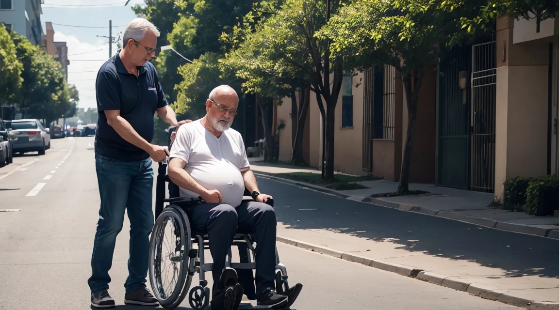 a pregnant woman helping a 60 year old man in a wheelchair
