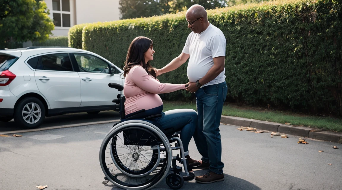 a pregnant woman helping a 60 year old man in a wheelchair