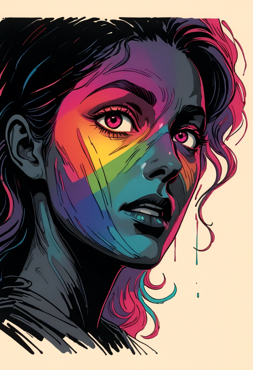 Twin Peaks, Shelley, unseen overwhelming maximal sorrow, VHS, glitch, distorted, nostalgia, 90's retro vibes, analog tape, vcr aesthetics, tv, television, hand drawn, (full roygbiv color) ink charcoal expressive illustration, no light source, darkness, light mask uv rays across face,