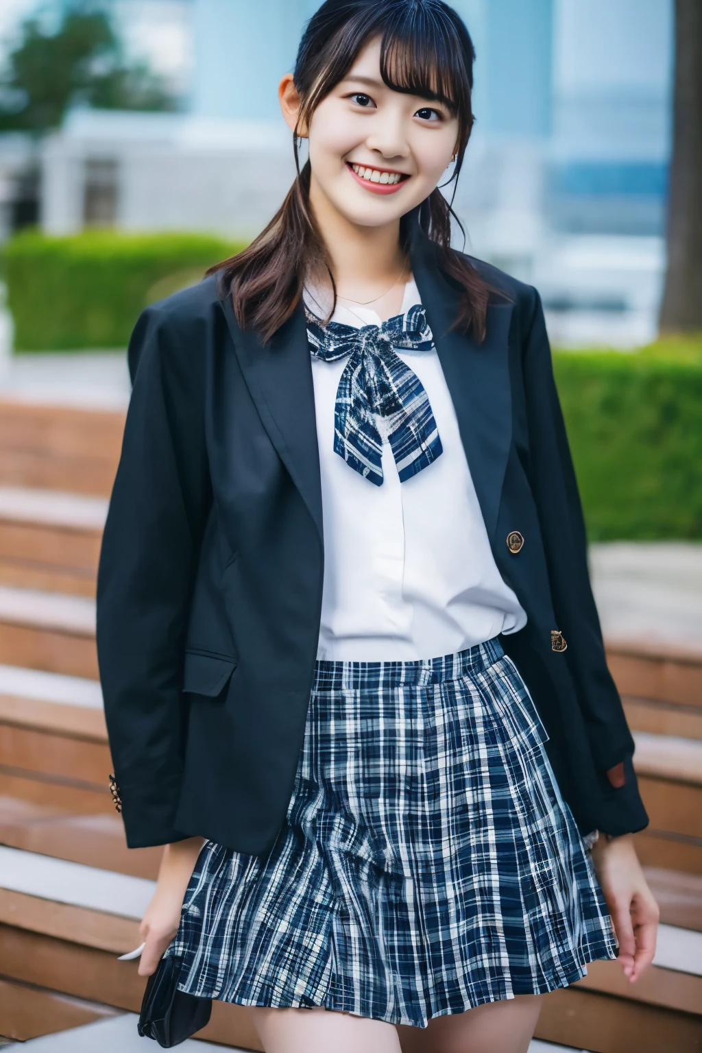 Highest quality, high resolution, 1 female, 18-year-old, School stairs, Black jacket, Medium chest,White blouse,(Checked mini skirt), Cotton panties,Shooting from underneath the skirt