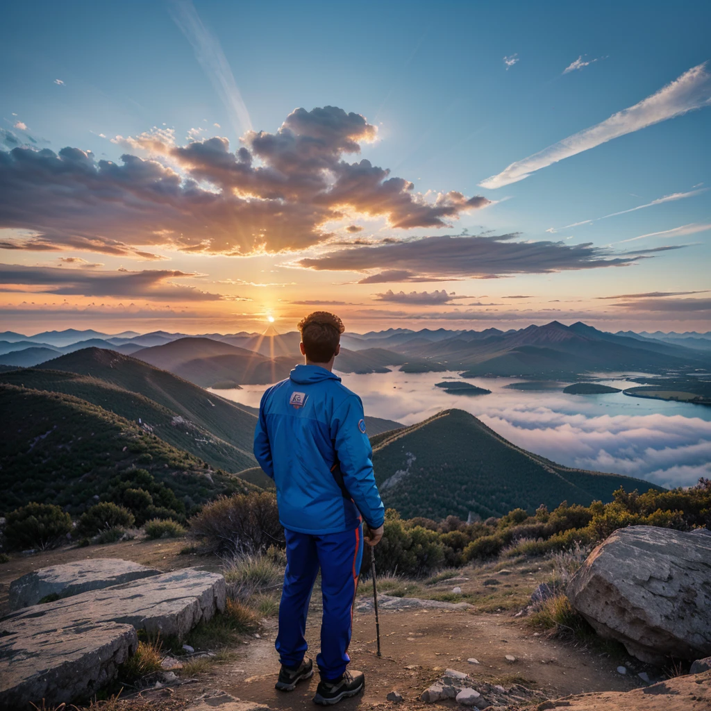 A male standing on a mountaintop, looking at a vibrant sunrise, symbolizing new beginnings and the power to take control of life.
