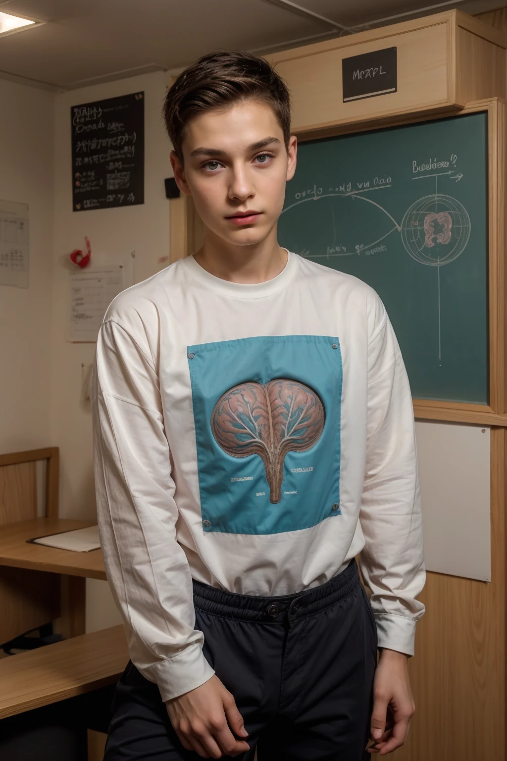 A beautiful young male twink, cute, with black hair and a face with reddish makeup, wearing a bright white long-sleeved shirt and aqua blue pants, and he is in his office, and behind him is a blackboard on which is written the shape of the brain and its anatomy, and nuclear energy comes out of it, and he has an innocent face with makeup.  And red cheeks.