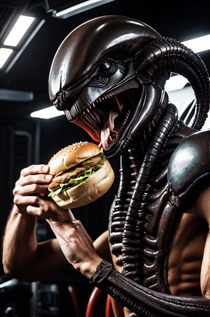 Xenomorph eating a hamburger