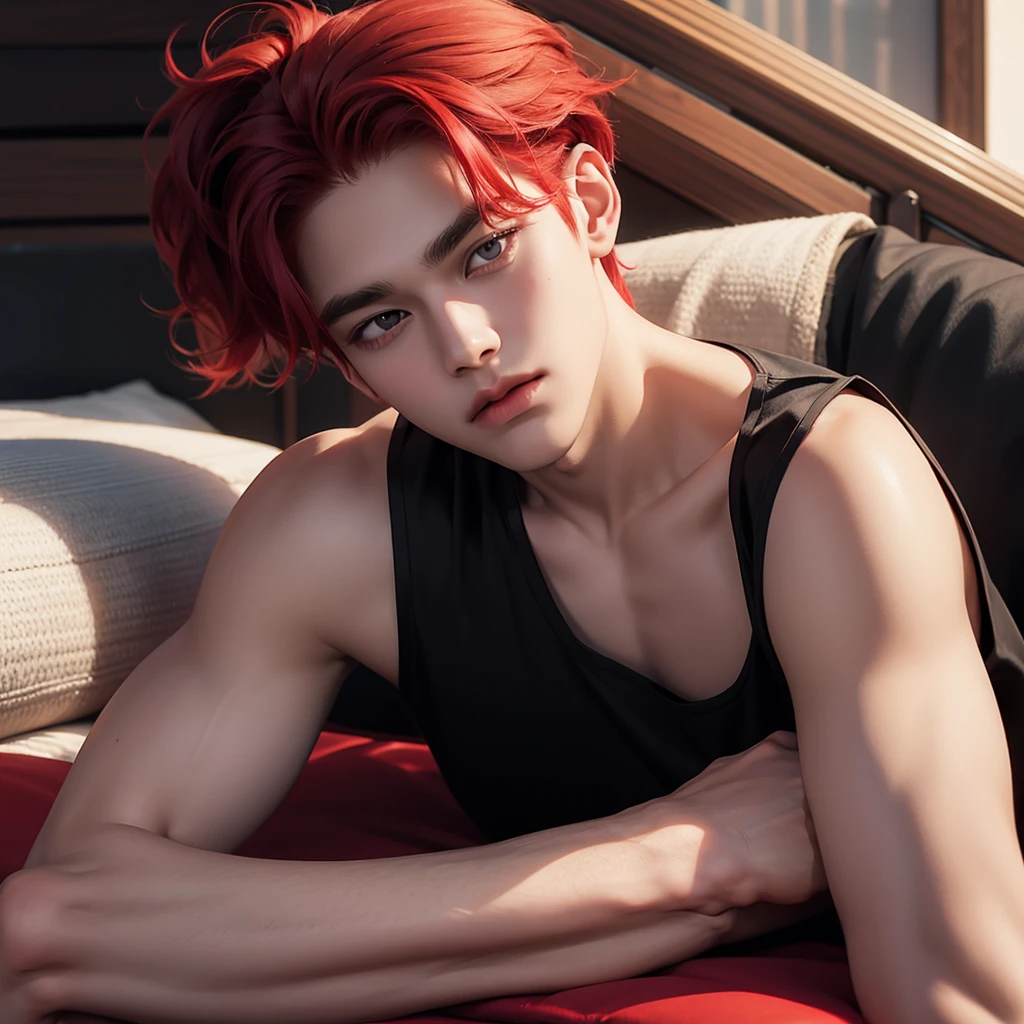 V Taehyung red hair solto. Black jacket and white tank top. With the face of a 25 year old adult. Lying down because you&#39;re floating. full body image.