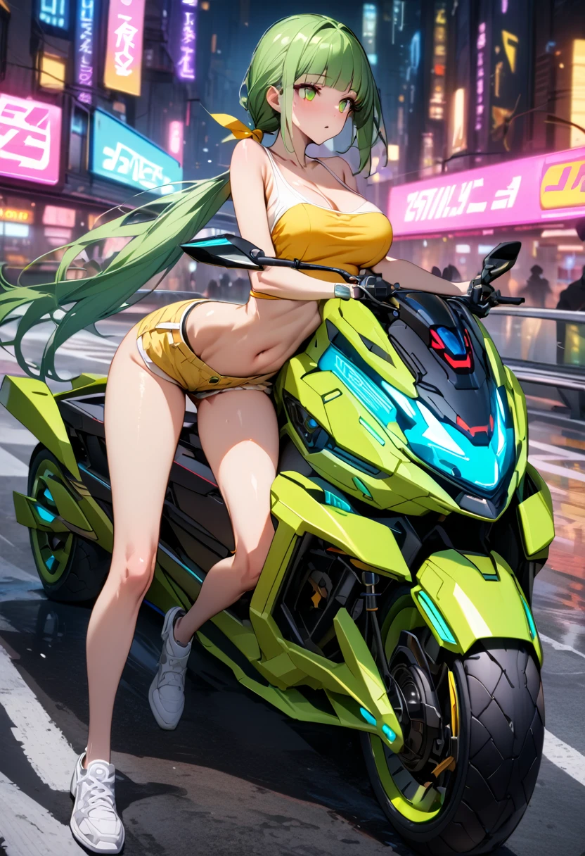 ((masterpiece,Highest quality:1.3)),cowboy shot,1woman,30 year old beauty、Investigator、独奏,(very small head:1.3),green hair,(low ponytail),long hair,blunt bangs,green eyes,gorgeous eyes,medium breasts,(very long body:1.2),(toned body,slender body,skinny),gleaming skin,shiny skin,oily skin,Yellow tube top shirt、navel、Yellow micro shorts、(Drive a futuristic motorcycle、straddle:1.5)、White athletic shoes、Sprint、on road,Metropolis,neon、World of Blade Runner、
