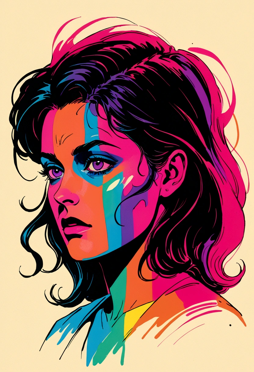 Twin Peaks, Shelley, unseen overwhelming maximal sorrow, VHS, glitch, distorted, nostalgia, 90's retro vibes, analog tape, vcr aesthetics, tv, television, hand drawn, (full roygbiv color) ink charcoal expressive illustration, no light source, darkness, light mask uv rays across face, 

