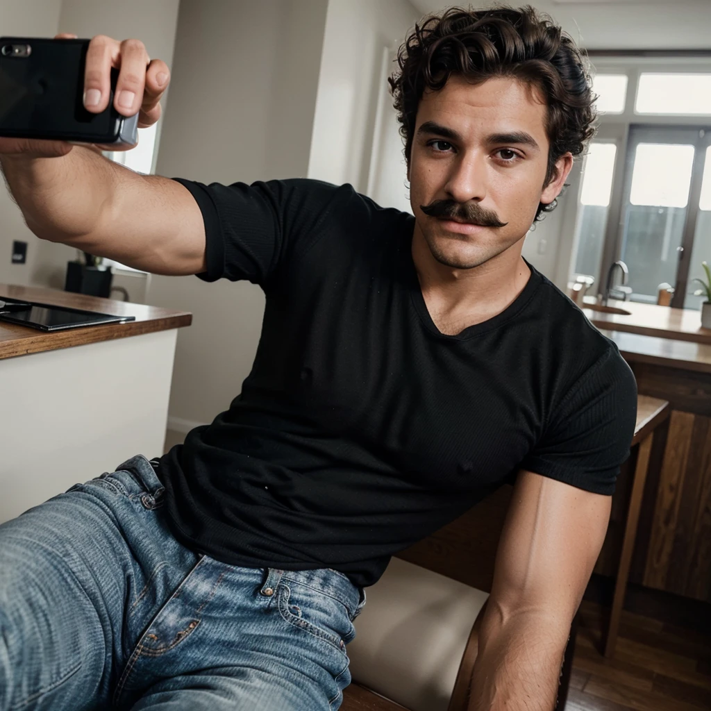 Handsome man , light mustache, hot muscular body , medium curly hair , phone selfie, best quality like its taken by iPhone 12 , wearing jeans and black ribbed t shirt