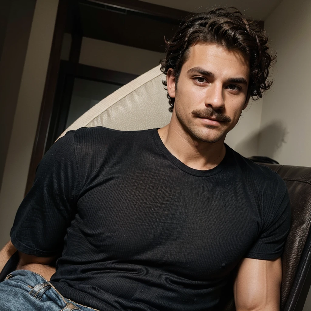 Handsome man , light mustache, hot muscular body , medium curly hair , phone selfie, best quality like its taken by iPhone 12 , wearing jeans and black ribbed t shirt