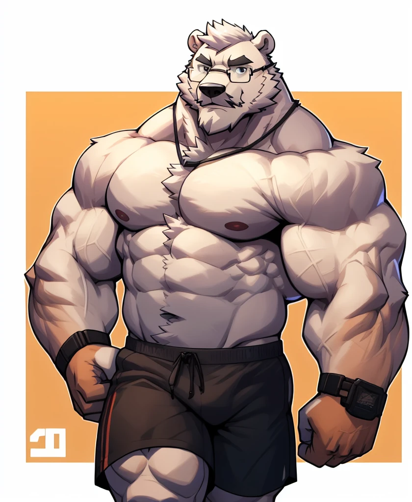 solo, 1boy, Huge Muscular Polar Bear Dad wearing glasses, huge white fur, pectoral, huge pectoral, wide pectoral, short white hair, white fur, short pants, black wristbands, watch and shirtless and topless, bearded, Mustache, olympium background, masterpiece, high detailed, 8k, high resolution, running all over the tracks, training