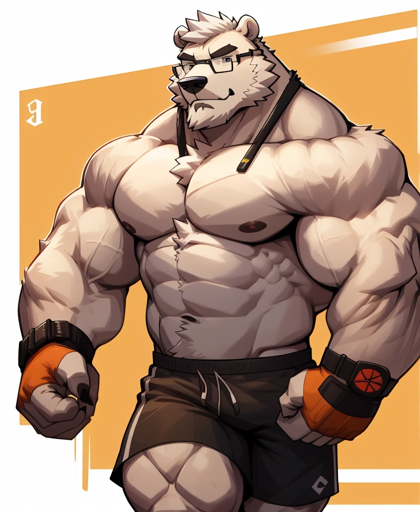 solo, 1boy, Huge Muscular Polar Bear Dad wearing glasses, huge white fur, pectoral, huge pectoral, wide pectoral, short white hair, white fur, short pants, black wristbands, watch and shirtless and topless, bearded, Mustache, olympium background, masterpiece, high detailed, 8k, high resolution, running all over the tracks, training