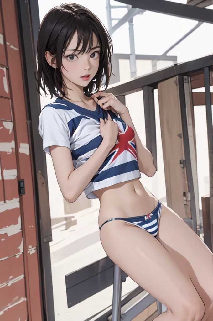 ((masterpiece, best quality)),((highres:1.2)), 1 Girl, solo, Blurred Background, (((Small breasts))), Thighs, (Stripe underwear), Union Jack T-Shirts, nipple, short hair, 