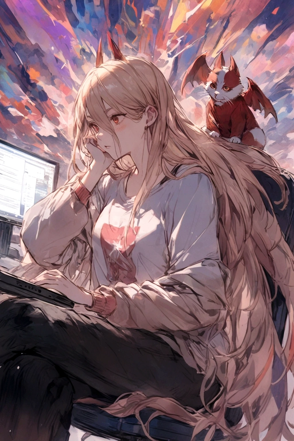 A Power,sitting on a chair,playing on a PC,wearing a shirt with the name Harl.