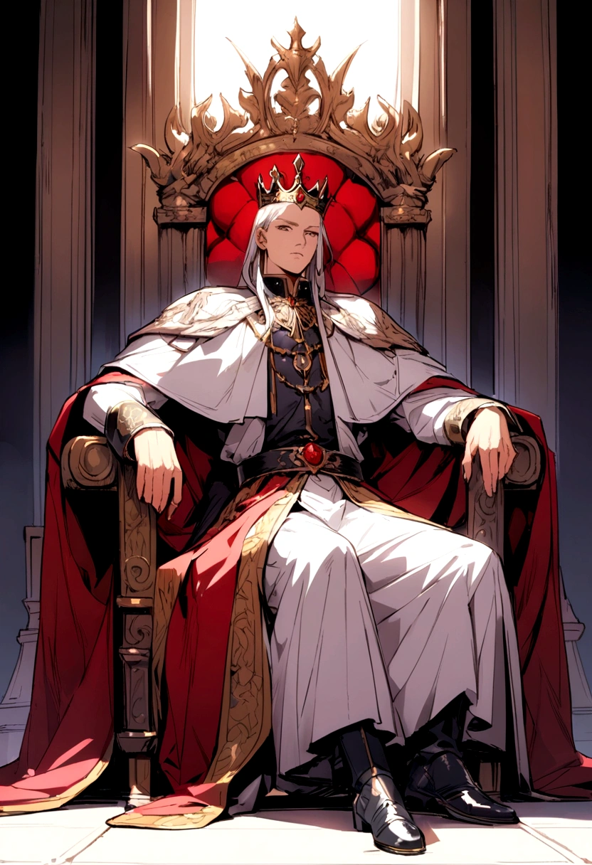 1man, old man, perfect proportions, anatomically correct, (head to toe: 2.0), (full body image: 2.0), solo, extremely stylized, deviant art, masterpiece, highly detailed, detailed eyes, expressive detailed eyes, detailed pupils, futuristic, ((wearing a crown)), ((sitting on a throne)), (cybernetic arms:1.4), big boots, entire body image, full body shot, nvinkpunk, professional photograph of alexander_skarsgard, tassles, large beads, (large tassels), cyberpunk, inkpunk, paint platter, ink splatter, (action pose:1.0), ((chainmail shirt)), old warrior, long beard