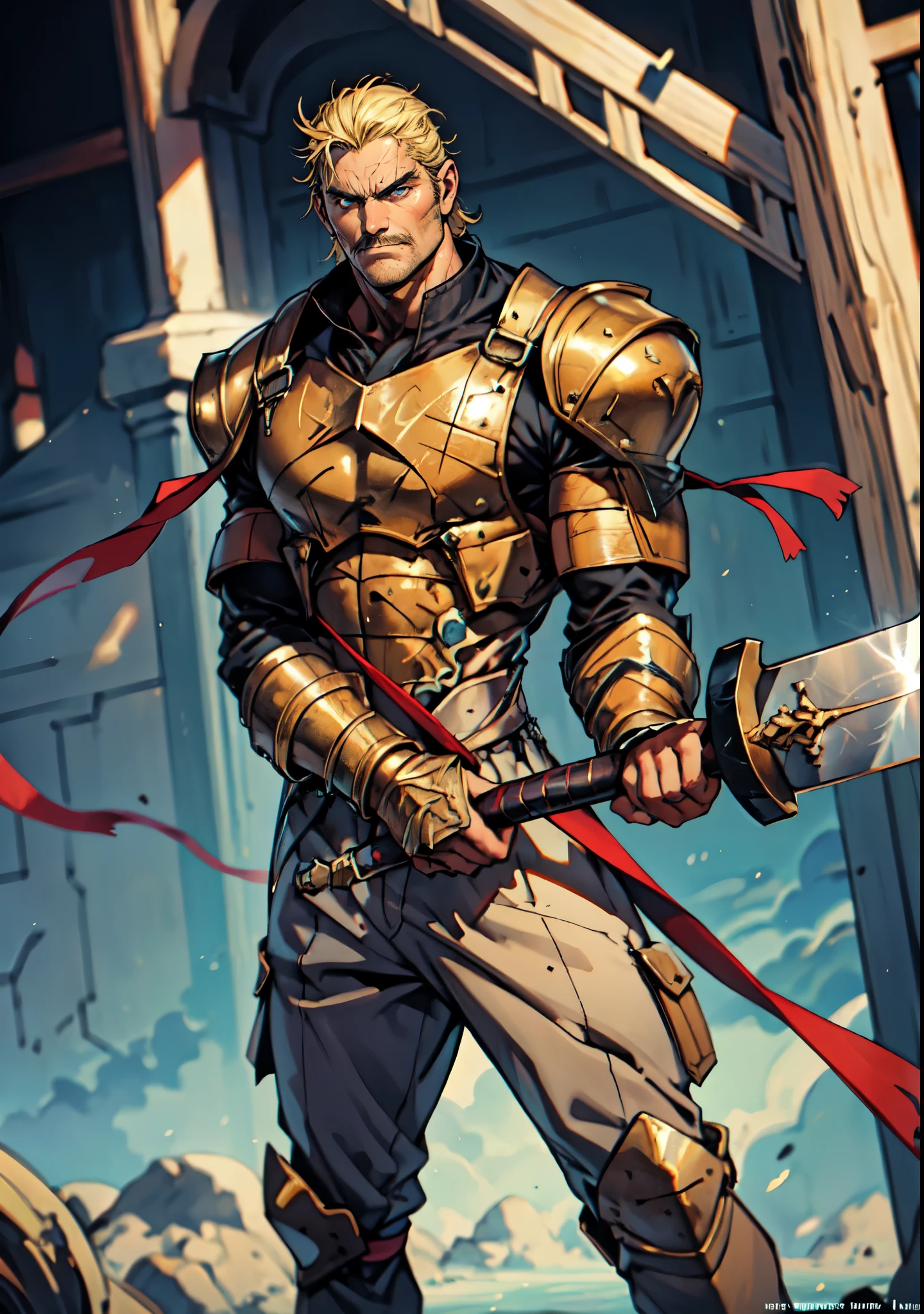 (masterpiece:1.2, best quality, extremely delicate, perspective, foreshortening, dynamic angle), a middle-aged man with slicked-back golden hair, a dignified face, deep eyes, a mustache on his upper lip, a focused expression, tall and muscular, covered in scars, fantasy-reality style warrior leather armor, ribbons tied around his arms, black iron bracers, dark cargo pants, holds a long-handled greatsword with both hands, standing guard in front of a fortress gate, this character embodies a finely crafted fantasy-realist style warrior in anime style, exquisite and mature manga art style, dramatic, high definition, highres, ultra-detailed, ultra-fine painting, professional, perfect body proportions, golden ratio, anatomically correct, symmetrical face, extremely detailed eyes and face, high quality eyes, creativity, RAW photo, UHD, 32k, Natural light, cinematic lighting, masterpiece-anatomy-perfect