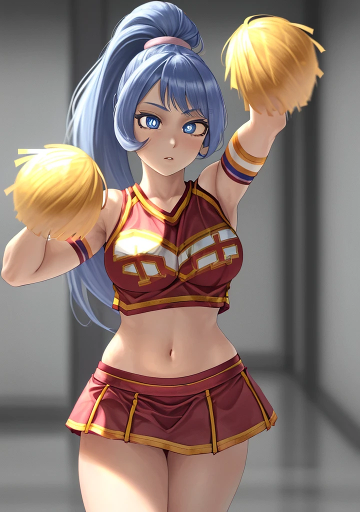 nejirehadou, nejire hadou, blue eyes, blue hair, long hair, BREAK cheerleader, crop top, holding pom poms, midriff, navel, orange skirt, pink footwear, pom pom (cheerleading), pom poms, ponytail, skirt, (u.a. cheerleader uniform:1.5), BREAK looking at viewer, full body, BREAK indoors, classroom, BREAK (masterpiece:1.2), best quality, high resolution, unity 8k wallpaper, (illustration:0.8), (beautiful detailed eyes:1.6), extremely detailed face, perfect lighting, extremely detailed CG, (perfect hands, perfect anatomy),