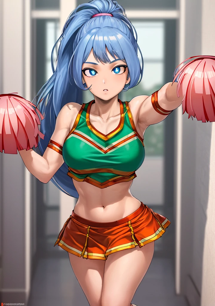 nejirehadou, nejire hadou, blue eyes, blue hair, long hair, BREAK cheerleader, crop top, holding pom poms, midriff, navel, orange skirt, pink footwear, pom pom (cheerleading), pom poms, ponytail, skirt, (u.a. cheerleader uniform:1.5), BREAK looking at viewer, full body, BREAK indoors, classroom, BREAK (masterpiece:1.2), best quality, high resolution, unity 8k wallpaper, (illustration:0.8), (beautiful detailed eyes:1.6), extremely detailed face, perfect lighting, extremely detailed CG, (perfect hands, perfect anatomy),