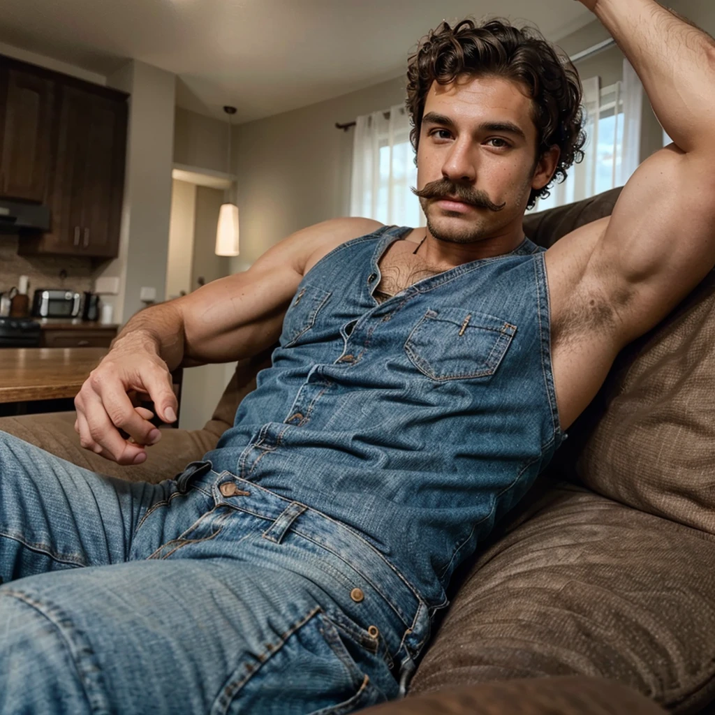 Handsome man , light mustache, hot muscular body , medium curly hair , phone selfie, best quality like its taken by iPhone 12 , wearing jeans and 