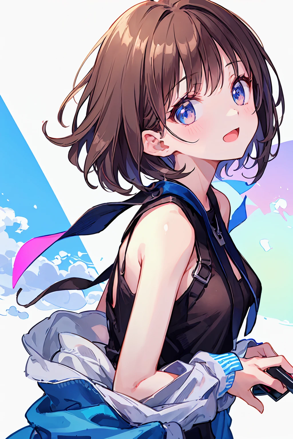 (One Girl),(Beautifully drawn eyes in every detail、Look at the details、masterpieceサイドライト、masterpiece、Highest quality、detailed、High resolution illustrations),Woman playing online games、Shooting from behind、Backward view、look back、Close-up、The Big Picture、18-year-old、player、Esports player、Laughter、frontage、Brown Hair、Short Bob Hair、Upper body、Anatomically correct、Accurate hand shape
