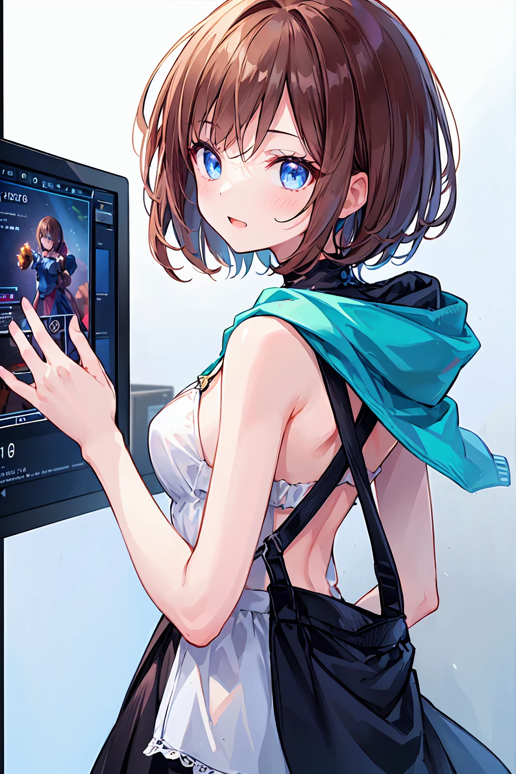 (One Girl),(Beautifully drawn eyes in every detail、Look at the details、masterpieceサイドライト、masterpiece、Highest quality、detailed、High resolution illustrations),Woman playing online games、Shooting from behind、Backward view、look back、Close-up、The Big Picture、18-year-old、player、Esports player、Laughter、frontage、Brown Hair、Short Bob Hair、Upper body、Anatomically correct、Accurate hand shape