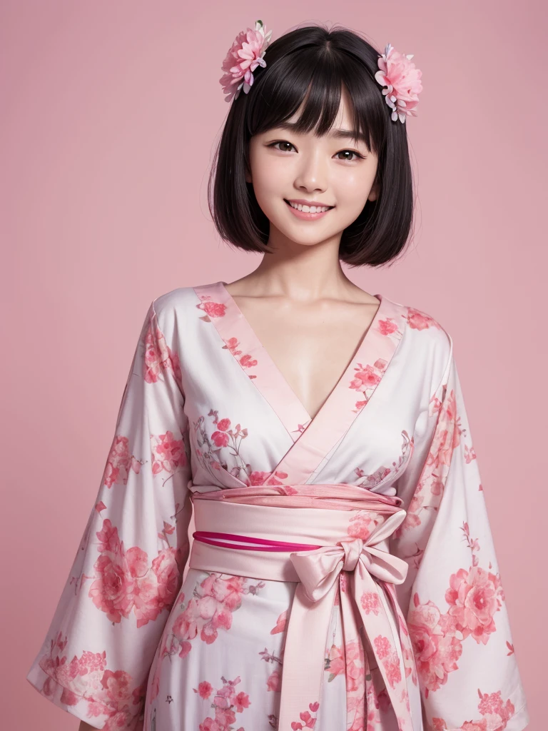 (8K、Raw photography、top-quality、masterpiece:1.2)、(realisitic、Photorealsitic:1.37)、ultra-detailliert、超A high resolution、1人、see the beholder、beautifull detailed face、A smile、Constriction、(Slim waist) :1.3)、Beautiful detailed skin、Skin Texture、Floating hair、Professional Lighting、Whole human body、Longhaire、Japanese Yukata、Bob Hair、E-cup、Happy smile、sixteen years old、Red ribbons、a baby face、Childish smile、Suppin、Moisturizing lips、Thin pink lips、White background