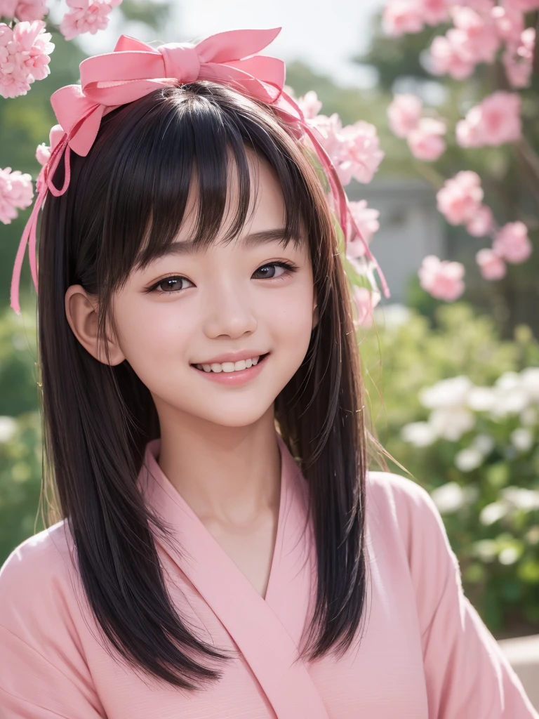 (8K、Raw photography、top-quality、masterpiece:1.2)、(realisitic、Photorealsitic:1.37)、ultra-detailliert、超A high resolution、女の子1人、see the beholder、beautifull detailed face、A smile、Constriction、(Slim waist) :1.3)、Beautiful detailed skin、Skin Texture、Floating hair、Professional Lighting、Whole human body、Longhaire、Japanese Yukata、Bob Hair、E-cup、Happy smile、sixteen years old、Red ribbons、a baby face、Childish smile、Suppin、Moisturizing lips、Thin pink lips、White background