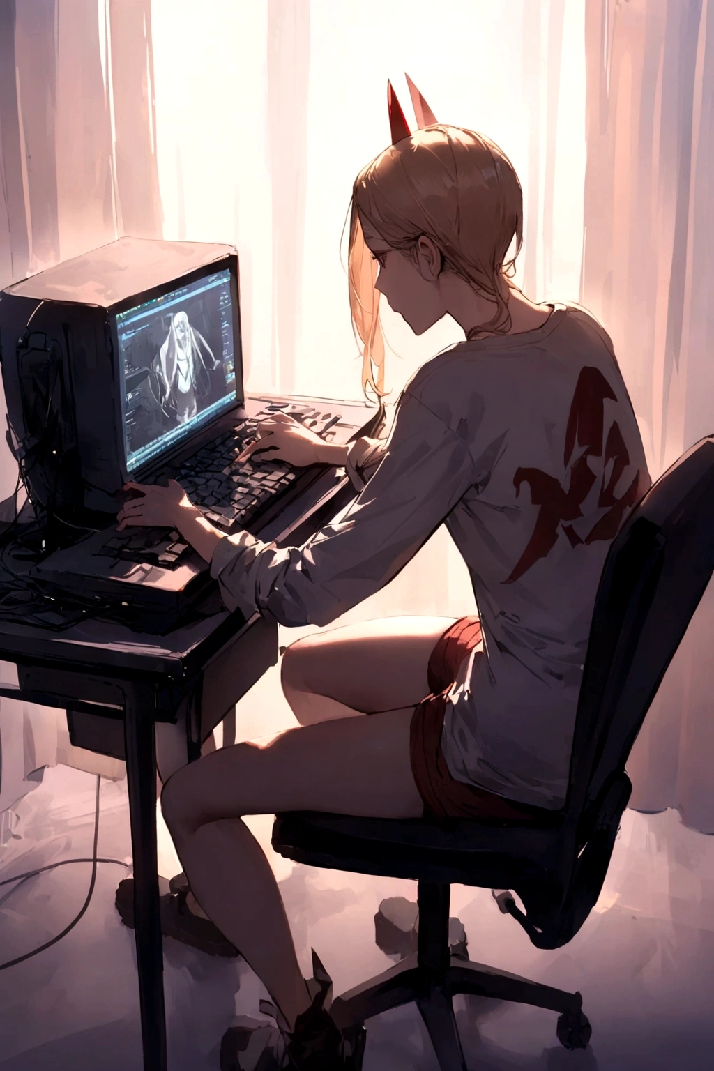 A Power,sitting on a chair,playing on a PC,wearing a shirt with the name Harl.