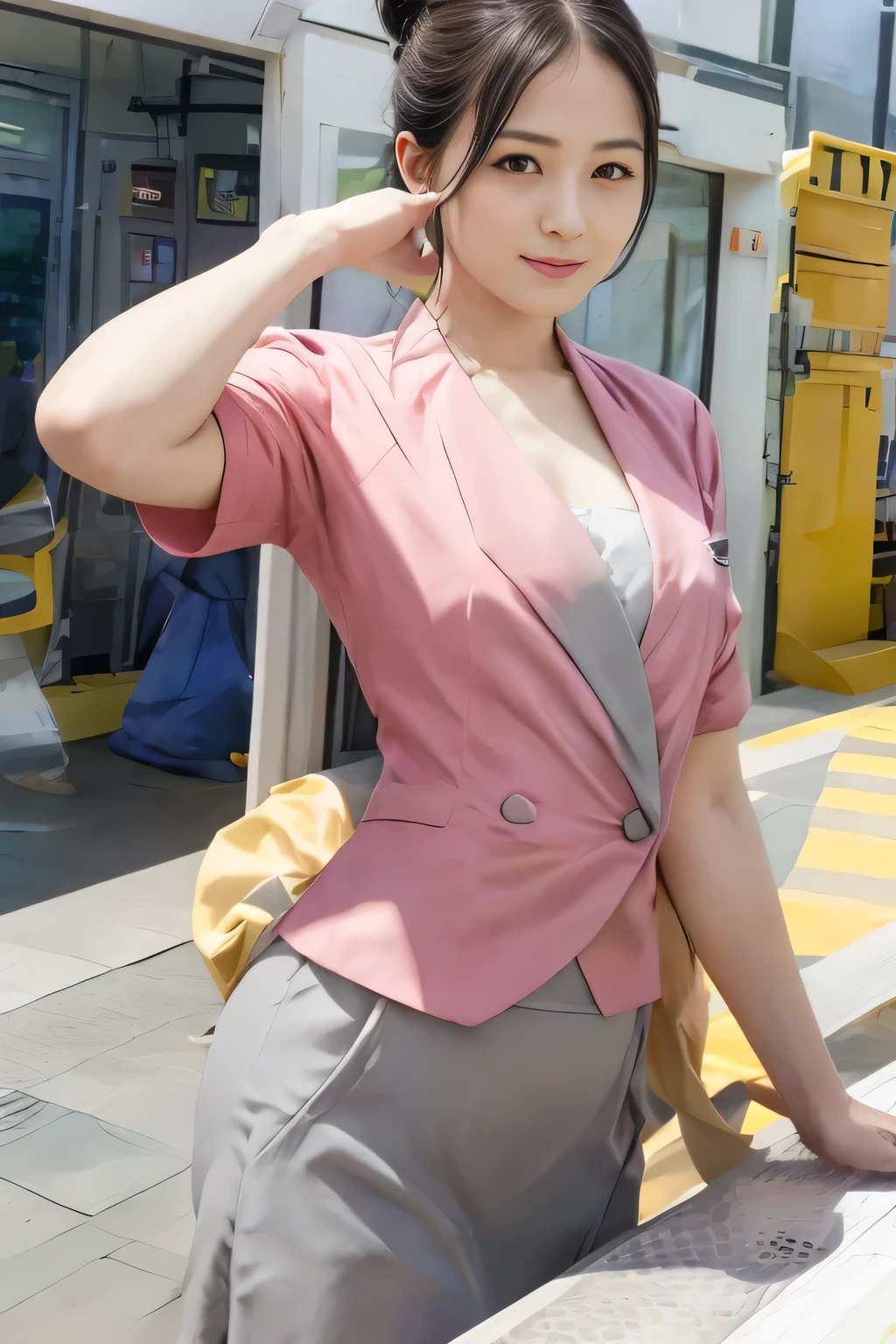 Showing your belly button、(masterpiece:1.2, Highest quality:1.2), 32k HDR, High resolution, (alone、1 girl)、 (Height: 160cm)、（On the rooftop of a building in the daytime、Professional Lighting）、Building rooftop background、（Nankai train crew uniform pinkを着たリアルスタイル）、（Nankai train crew uniform pink short sleeve collarless pink jacket、Nankai Train Crew Uniform Pink Collarless Short Sleeve Blouse、Nankai Train Crew Uniform Pink Grey Knee-length Culottes）、（The pink jacket is showing from the culottes.）、Dark brown hair、（Hair tied up、Hair tied up、Evening curly hairstyle）、Dark brown hair、Long Shot、Big Breasts、Thin legs、（（Great hands：2.0）），（（Harmonious body proportions：1.5）），（（Normal limbs：2.0）），（（Normal finger：2.0）），（（Delicate eyes：2.0）），（（Normal eyes：2.0））)、smile、（Nankai Train Crew Uniform Pink Grey Knee-length Culottesを見せた美しい歩く姿）、Place your hands around your stomach、Lanyard employee ID card