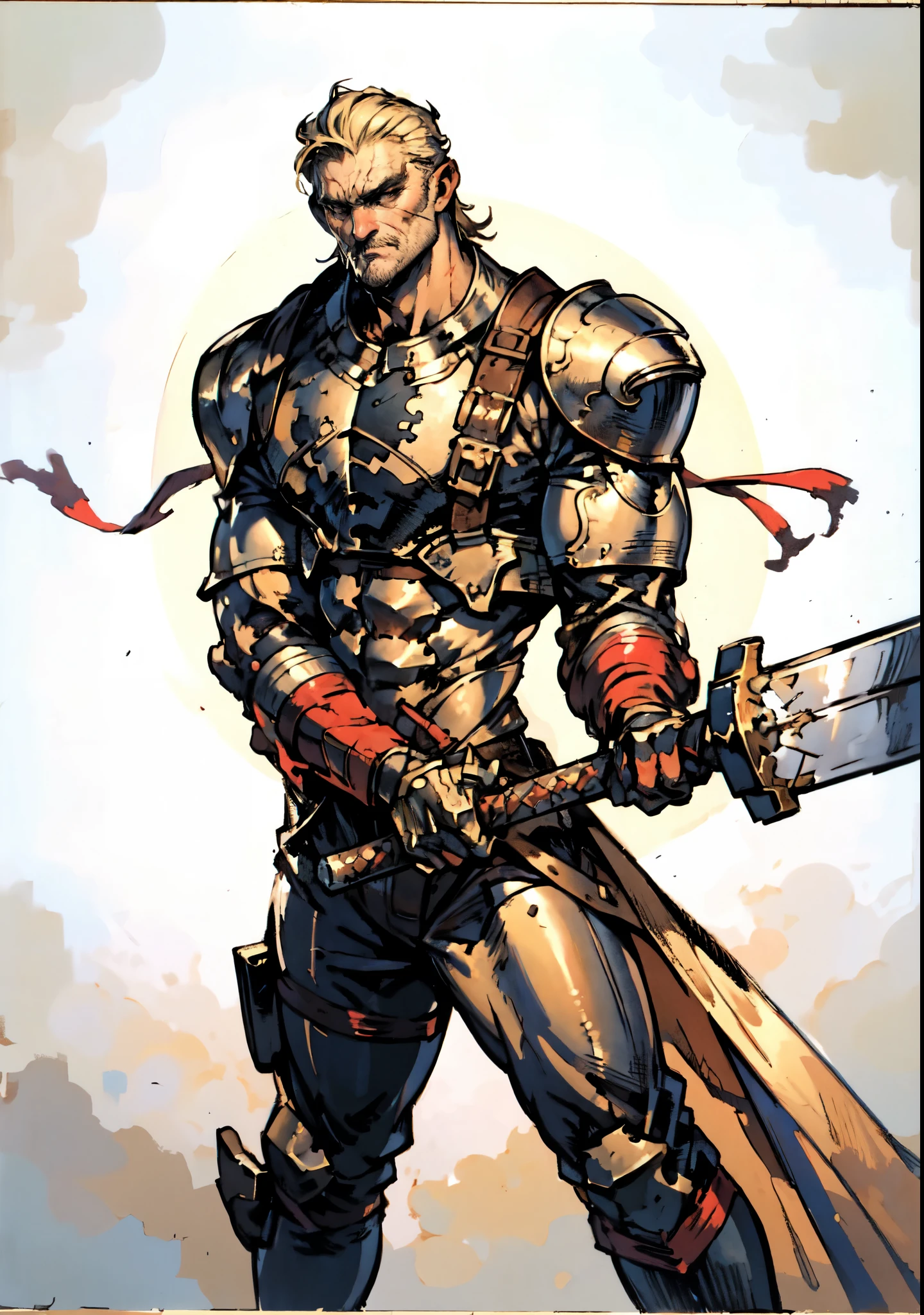 (masterpiece:1.2, best quality, extremely delicate, perspective, foreshortening, dynamic angle), a middle-aged man with slicked-back golden hair, a dignified face, deep eyes, a mustache on his upper lip, a focused expression, tall and muscular, covered in scars, fantasy-reality style warrior leather armor, ribbons tied around his arms, black iron bracers, dark cargo pants, holds a long-handled greatsword with both hands, standing guard in front of a fortress gate, this character embodies a finely crafted fantasy-realist style warrior in anime style, exquisite and mature manga art style, dramatic, high definition, highres, ultra-detailed, ultra-fine painting, professional, perfect body proportions, golden ratio, anatomically correct, symmetrical face, extremely detailed eyes and face, high quality eyes, creativity, RAW photo, UHD, 32k, Natural light, cinematic lighting, masterpiece-anatomy-perfect