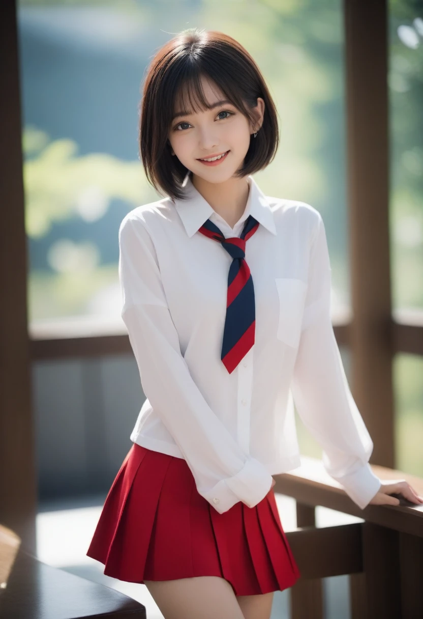 8K, Ultra-high resolution, Highest quality, masterpiece, 三分割法によるphotograph,Surreal, photograph, 1 Girl, (:1.3), cute女の子, cute顔, Beautiful eyes in every detail, 細かくdetailedに,masterpiece,, One Girl:1.2, Japan Female Announcer,whole body,Bright lighting,One Girl,(cute:1.2),Perfect glowing skin,Perfect Skin,((Sailor suit)),((Short sleeve uniform white shirt)),(Red tie),(Blue mini pleated skirt),(((Roll up the skirt yourself))),(Lifted it himself),(Showing panties),Wearing panties,(Black knee socks),(Loafer shoes), Daytime,,A carefree smile,Heal the heart,Black Hair,Short Bob,Looking at the audience、beauty,Long neck、Laugh a little、Please close your mouth and laugh、(((Ideal body type))),A cup small breasts :2,、Portraiture:2、Perfect Anatomy、鮮明なdetailed、detailed、Surreal、Light and shadow,Strong light
