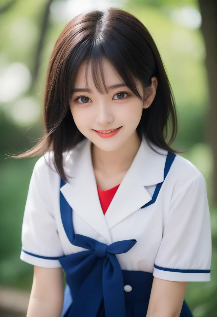 8K, Ultra-high resolution, Highest quality, masterpiece, 三分割法によるphotograph,Surreal, photograph, 1 Girl, (16 years old:1.3), cute女の子, cute顔, Beautiful eyes in every detail, 細かくdetailedに,masterpiece,, One Girl:1.2, Japan Female Announcer,whole body,Bright lighting,One Girl,(cute:1.2),Perfect glowing skin,Perfect Skin,((Sailor suit)),((Short sleeve uniform white shirt)),(Red tie),(Blue mini pleated skirt),(((Roll up the skirt yourself))),(Lifted it himself),(Showing panties),Wearing panties,(Black knee socks),(Loafer shoes), Daytime,,A carefree smile,Heal the heart,Black Hair,Short Bob,Looking at the audience、beauty,Long neck、Laugh a little、Please close your mouth and laugh、(((Ideal body type))),A cup small breasts :2,、Portraiture:2、Perfect Anatomy、鮮明なdetailed、detailed、Surreal、Light and shadow,Strong light