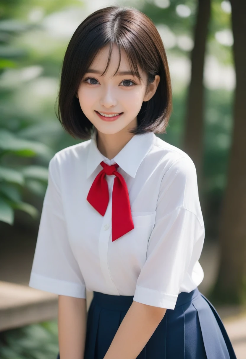 8K, Ultra-high resolution, Highest quality, masterpiece, 三分割法によるphotograph,Surreal, photograph, 1 Girl, (16 years old:1.3), cute女の子, cute顔, Beautiful eyes in every detail, 細かくdetailedに,masterpiece,, One Girl:1.2, Japan Female Announcer,whole body,Bright lighting,One Girl,(cute:1.2),Perfect glowing skin,Perfect Skin,((Sailor suit)),((Short sleeve uniform white shirt)),(Red tie),(Blue mini pleated skirt),(((Roll up the skirt yourself))),(Lifted it himself),(Showing panties),Wearing panties,(Black knee socks),(Loafer shoes), Daytime,,A carefree smile,Heal the heart,Black Hair,Short Bob,Looking at the audience、beauty,Long neck、Laugh a little、Please close your mouth and laugh、(((Ideal body type))),A cup small breasts :2,、Portraiture:2、Perfect Anatomy、鮮明なdetailed、detailed、Surreal、Light and shadow,Strong light