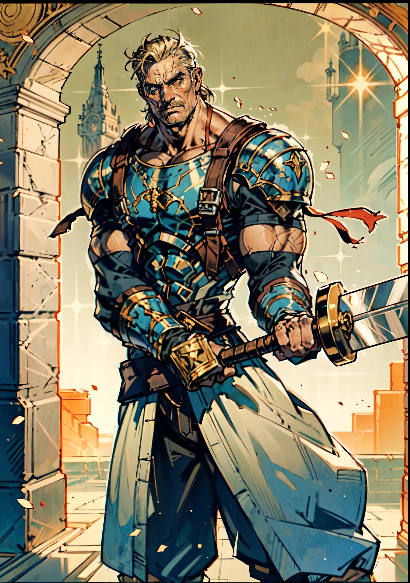 A close up of a man holding a sword in front of a building - SeaArt AI