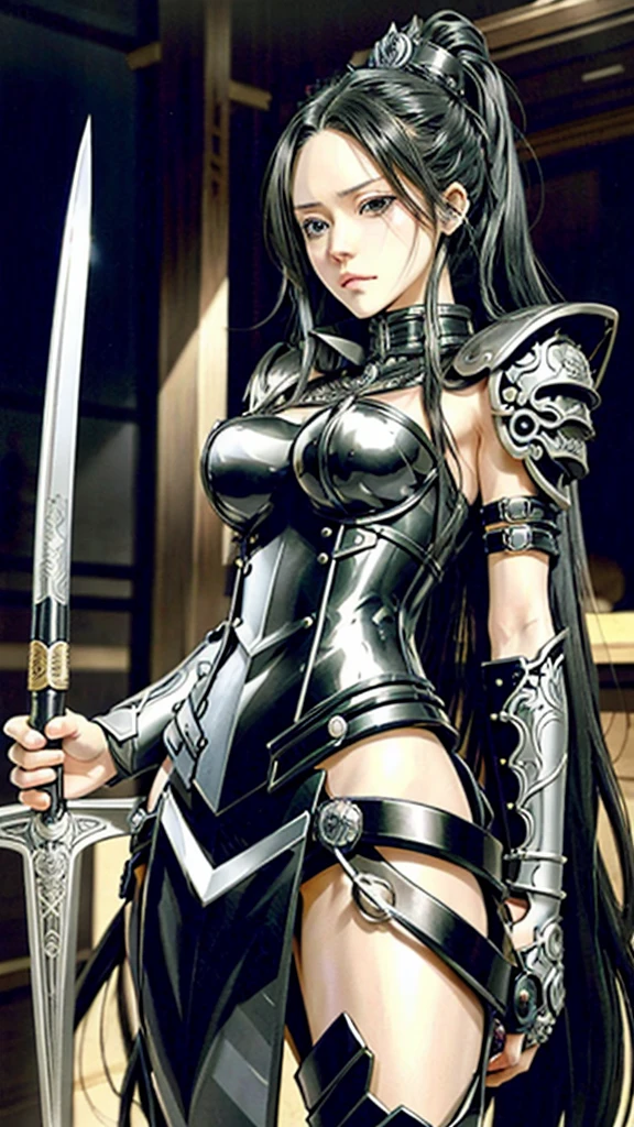  a woman with long hair and a sword, detailed anime art, Detailed art from the main anime, intricate manga drawing, the Queen of Blades, hyper detailed manga drawing, high detailed official artwork, stunning manga art style, trends on artstation pixiv, detailed anime artwork, Queen of Blades, clean detailed anime art, black and white manga style