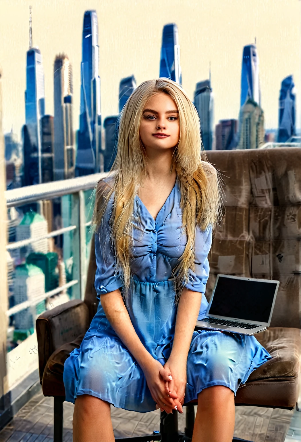 blonde girl, straight hair, blue summerdress, in a office, working on a laptop, city skyline background, looks at laptop, sits on chair, sits in front of laptop