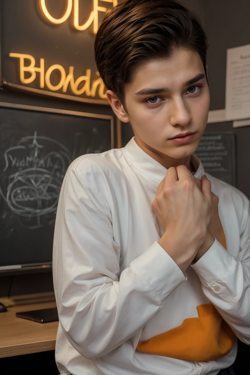 A beautiful young male twink, cute, with black hair and a face with reddish makeup, wearing a bright white long-sleeved shirt and aqua blue pants, and he is in his office, and behind him is a blackboard on which is written the shape of the brain and its anatomy, and nuclear energy comes out of it, and he has an innocent face with makeup.  And red cheeks.