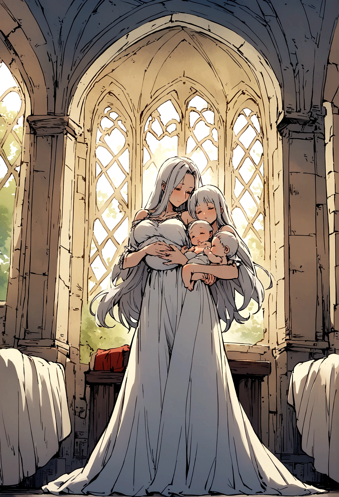 medieval fantasy setting, a white-haired woman , white nightgown breastfeeding her , silver haired, in your medieval rooms