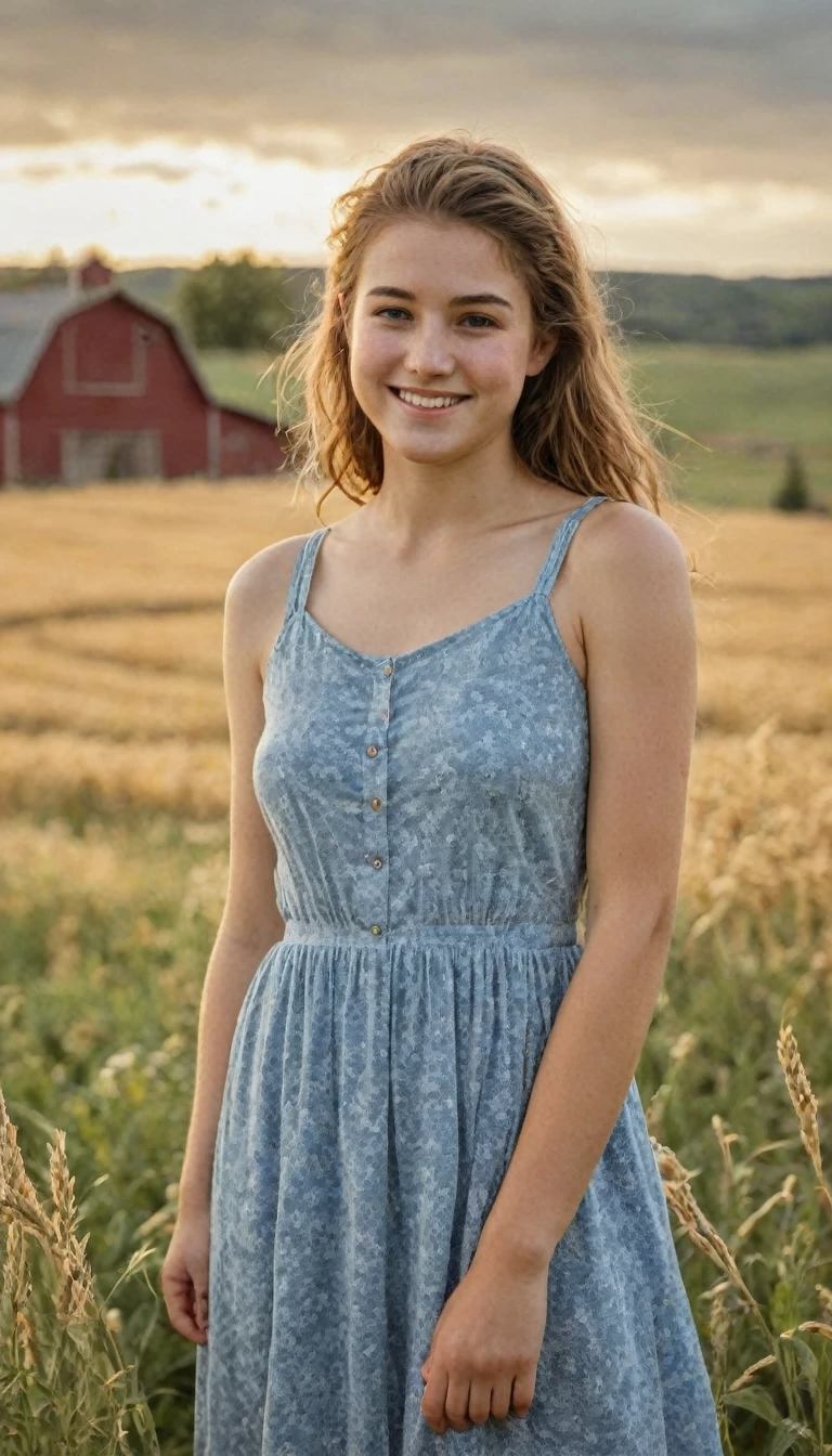 A wholesome portrait of an 18-year-old girl in a rural setting, natural light, soft focus, delicate features, real skin texture, beautiful hands, perfect proportions, wearing a modest sundress, surrounded by elements of country life such as a wooden fence, hay bales, and a red barn in the background, rolling hills and golden wheat fields in the distance, warm color palette inspired by Norman Rockwell, composition following the rule of thirds, shallow depth of field, shot with a Canon EOS R5 and 85mm f/1.2 lens, golden hour lighting, gentle smile, windswept hair, farm animals like chickens or a friendly dog nearby, wildflowers in the foreground, clear blue sky with wispy clouds, pastoral atmosphere, capturing the essence of rural simplicity and youth