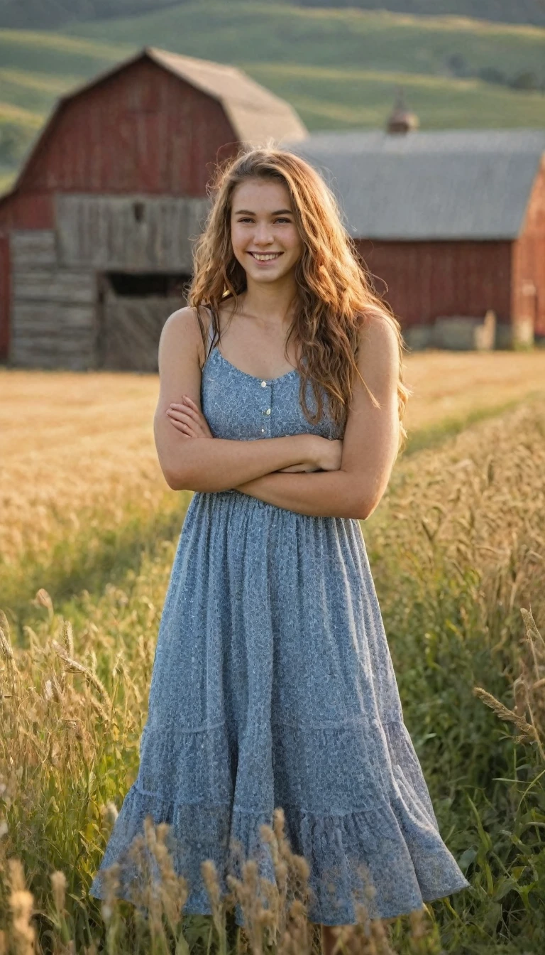 A wholesome portrait of an 18-year-old girl in a rural setting, natural light, soft focus, delicate features, real skin texture, beautiful hands, perfect proportions, wearing a modest sundress, surrounded by elements of country life such as a wooden fence, hay bales, and a red barn in the background, rolling hills and golden wheat fields in the distance, warm color palette inspired by Norman Rockwell, composition following the rule of thirds, shallow depth of field, shot with a Canon EOS R5 and 85mm f/1.2 lens, golden hour lighting, gentle smile, windswept hair, farm animals like chickens or a friendly dog nearby, wildflowers in the foreground, clear blue sky with wispy clouds, pastoral atmosphere, capturing the essence of rural simplicity and youth