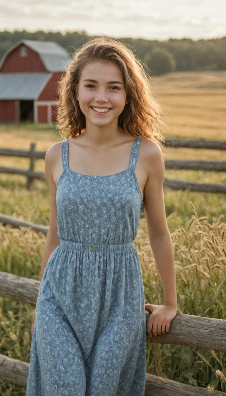 A wholesome portrait of an 18-year-old girl in a rural setting, natural light, soft focus, delicate features, real skin texture, beautiful hands, perfect proportions, wearing a modest sundress, surrounded by elements of country life such as a wooden fence, hay bales, and a red barn in the background, rolling hills and golden wheat fields in the distance, warm color palette inspired by Norman Rockwell, composition following the rule of thirds, shallow depth of field, shot with a Canon EOS R5 and 85mm f/1.2 lens, golden hour lighting, gentle smile, windswept hair, farm animals like chickens or a friendly dog nearby, wildflowers in the foreground, clear blue sky with wispy clouds, pastoral atmosphere, capturing the essence of rural simplicity and youth