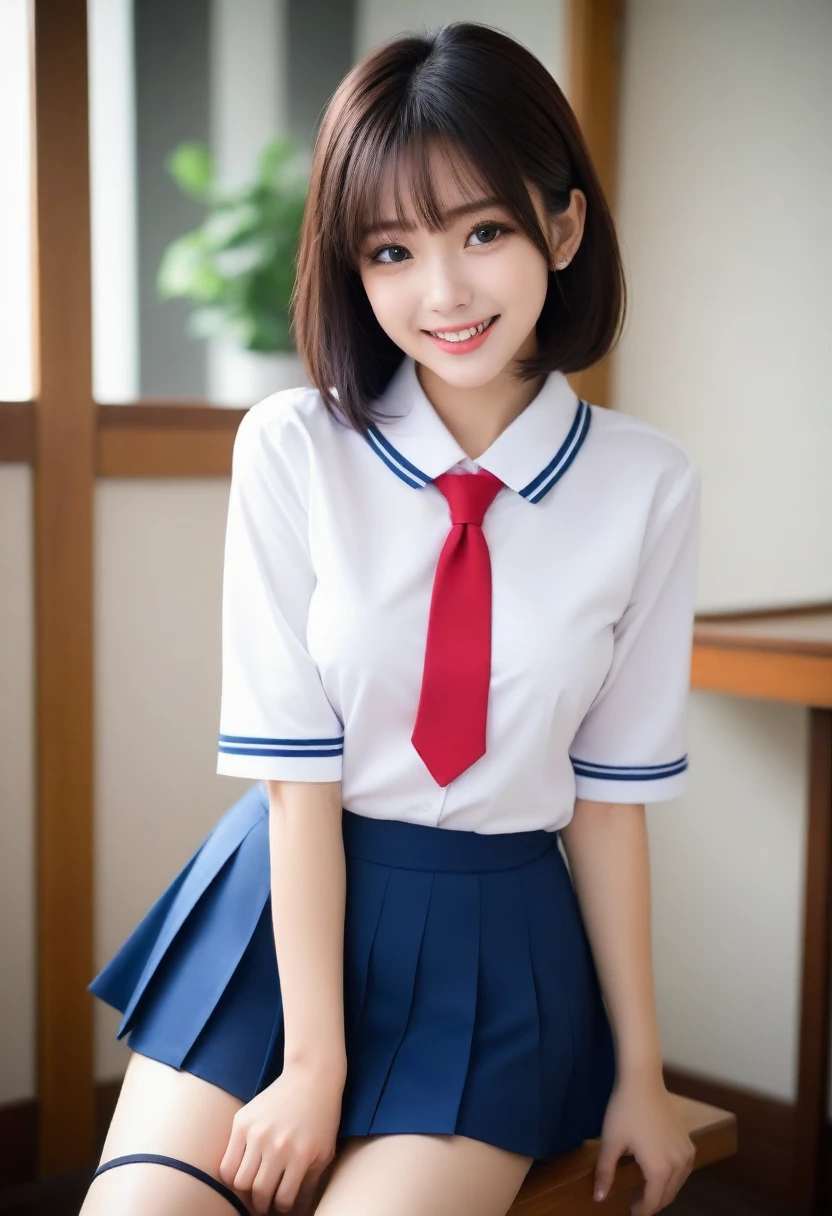 8K, Ultra-high resolution, Highest quality, masterpiece, 三分割法によるphotograph,Surreal, photograph, 1 Girl, (16 years old:1.3), cute女の子, cute顔, Beautiful eyes in every detail, 細かくdetailedに,masterpiece,, One Girl:1.2, Japan Female Announcer,whole body,Bright lighting,One Girl,(cute:1.2),Perfect glowing skin,Perfect Skin,((Sailor suit)),((Short sleeve uniform white shirt)),(Red tie),(Blue mini pleated skirt),(((Roll up the skirt yourself))),(Lifted it himself),(Showing panties),Wearing panties,(Black knee socks),(Loafer shoes), Daytime,,A carefree smile,Heal the heart,Black Hair,Short Bob,Looking at the audience、beauty,Long neck、Laugh a little、Please close your mouth and laugh、(((Ideal body type))),A cup small breasts :2,、Portraiture:2、Perfect Anatomy、鮮明なdetailed、detailed、Surreal、Light and shadow,Strong light 
