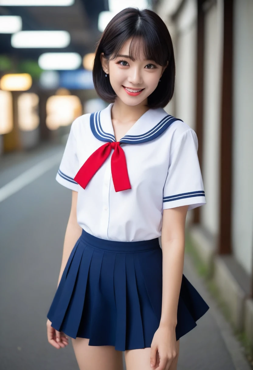 8K, Ultra-high resolution, Highest quality, masterpiece, 三分割法によるphotograph,Surreal, photograph, 1 Girl, (:1.3), cute女の子, cute顔, Beautiful eyes in every detail, 細かくdetailedに,masterpiece,, One Girl:1.2, Japan Female Announcer,whole body,Bright lighting,One Girl,(cute:1.2),Perfect glowing skin,Perfect Skin,((Sailor suit)),((Short sleeve uniform white shirt)),(Red tie),(Blue mini pleated skirt),(((Roll up the skirt yourself))),(Lifted it himself),(Showing panties),Wearing panties,(Black knee socks),(Loafer shoes), Daytime,,A carefree smile,Heal the heart,Black Hair,Short Bob,Looking at the audience、beauty,Long neck、Laugh a little、Please close your mouth and laugh、(((Ideal body type))),A cup small breasts :2,、Portraiture:2、Perfect Anatomy、鮮明なdetailed、detailed、Surreal、Light and shadow,Strong light
