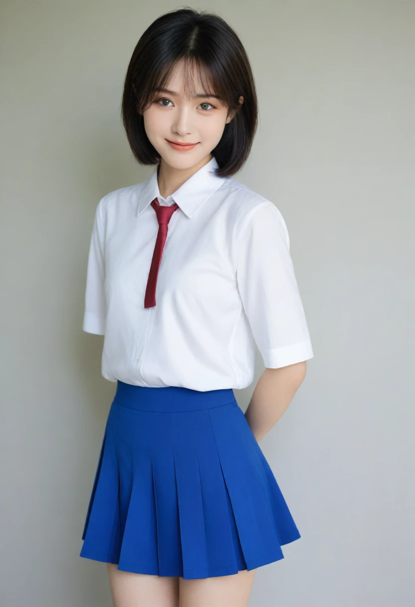 8K, Ultra-high resolution, Highest quality, masterpiece, 三分割法によるphotograph,Surreal, photograph, 1 Girl, (16 years old:1.3), cute女の子, cute顔, Beautiful eyes in every detail, 細かくdetailedに,masterpiece,, One Girl:1.2, Japan Female Announcer,whole body,Bright lighting,One Girl,(cute:1.2),Perfect glowing skin,Perfect Skin,((Sailor suit)),((Short sleeve uniform white shirt)),(Red tie),(Blue mini pleated skirt),(((Roll up the skirt yourself))),(Lifted it himself),(Showing panties),Wearing panties,(Black knee socks),(Loafer shoes), Daytime,,A carefree smile,Heal the heart,Black Hair,Short Bob,Looking at the audience、beauty,Long neck、Laugh a little、Please close your mouth and laugh、(((Ideal body type))),A cup small breasts :2,、Portraiture:2、Perfect Anatomy、鮮明なdetailed、detailed、Surreal、Light and shadow,Strong light
