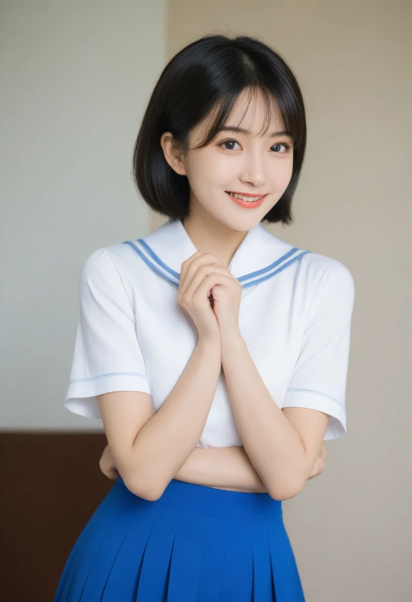 8K, Ultra-high resolution, Highest quality, masterpiece, 三分割法によるphotograph,Surreal, photograph, 1 Girl, (:1.3), cute女の子, cute顔, Beautiful eyes in every detail, 細かくdetailedに,masterpiece,, One Girl:1.2, Japan Female Announcer,whole body,Bright lighting,One Girl,(cute:1.2),Perfect glowing skin,Perfect Skin,((Sailor suit)),((Short sleeve uniform white shirt)),(Red tie),(Blue mini pleated skirt),(((Roll up the skirt yourself))),(Lifted it himself),(Showing panties),Wearing panties,(Black knee socks),(Loafer shoes), Daytime,,A carefree smile,Heal the heart,Black Hair,Short Bob,Looking at the audience、beauty,Long neck、Laugh a little、Please close your mouth and laugh、(((Ideal body type))),A cup small breasts :2,、Portraiture:2、Perfect Anatomy、鮮明なdetailed、detailed、Surreal、Light and shadow,Strong light